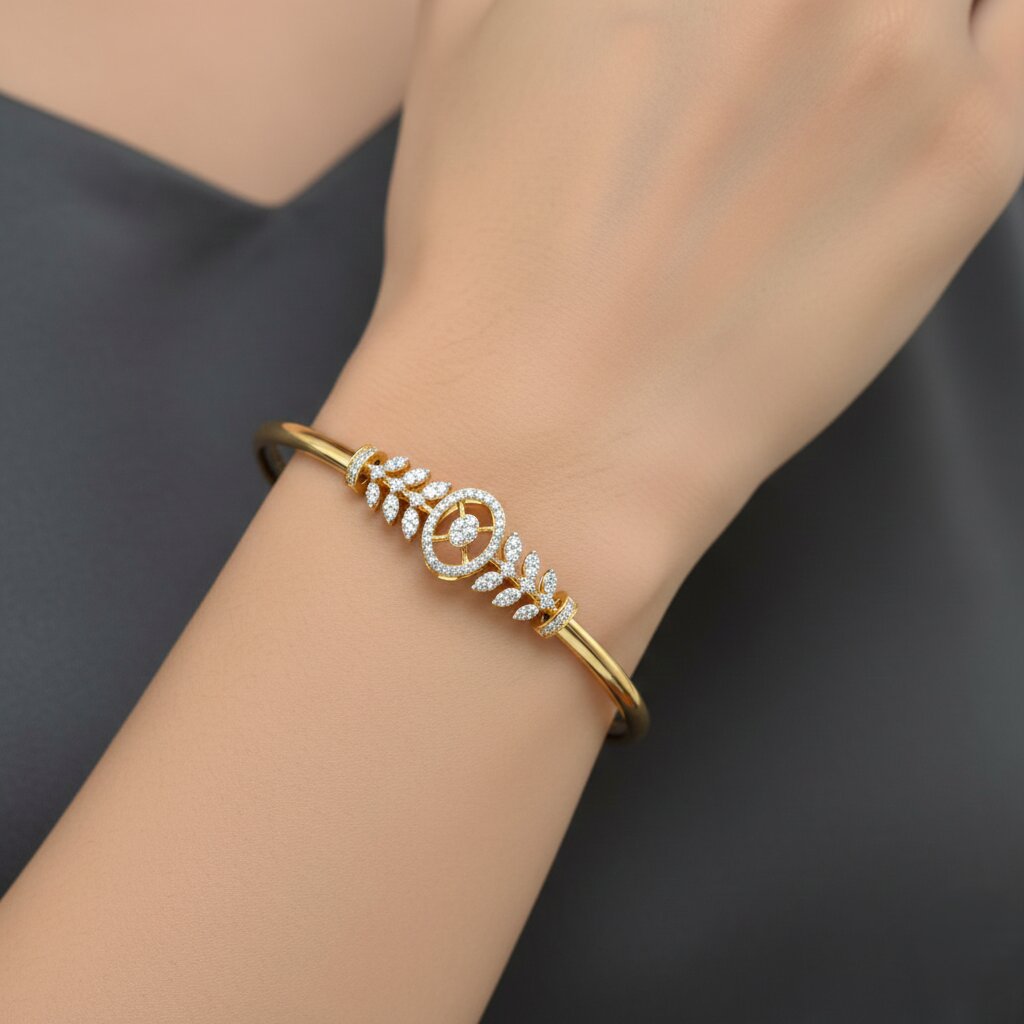 Diamond Leaf-Motif Oval Bangle