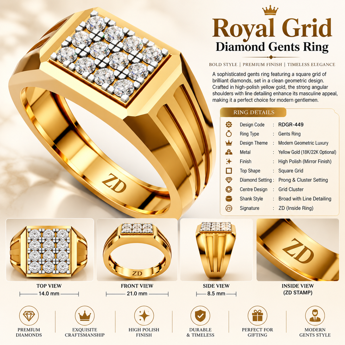 Royal Grid Diamond Gents Ring