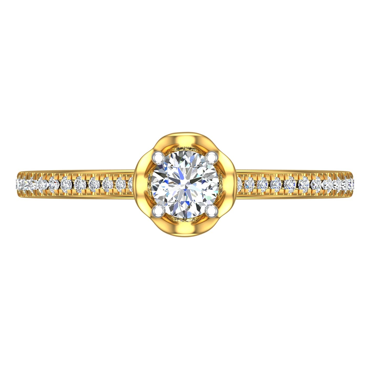 Floral Halo Solitaire Ring with Pavé Shoulders