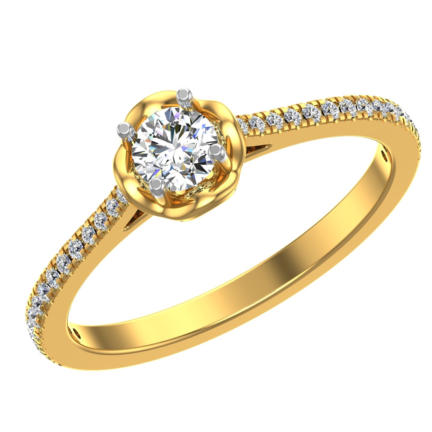 Floral Halo Solitaire Ring with Pavé Shoulders