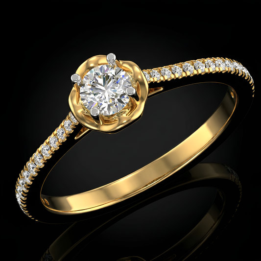 Floral Halo Solitaire Ring with Pavé Shoulders