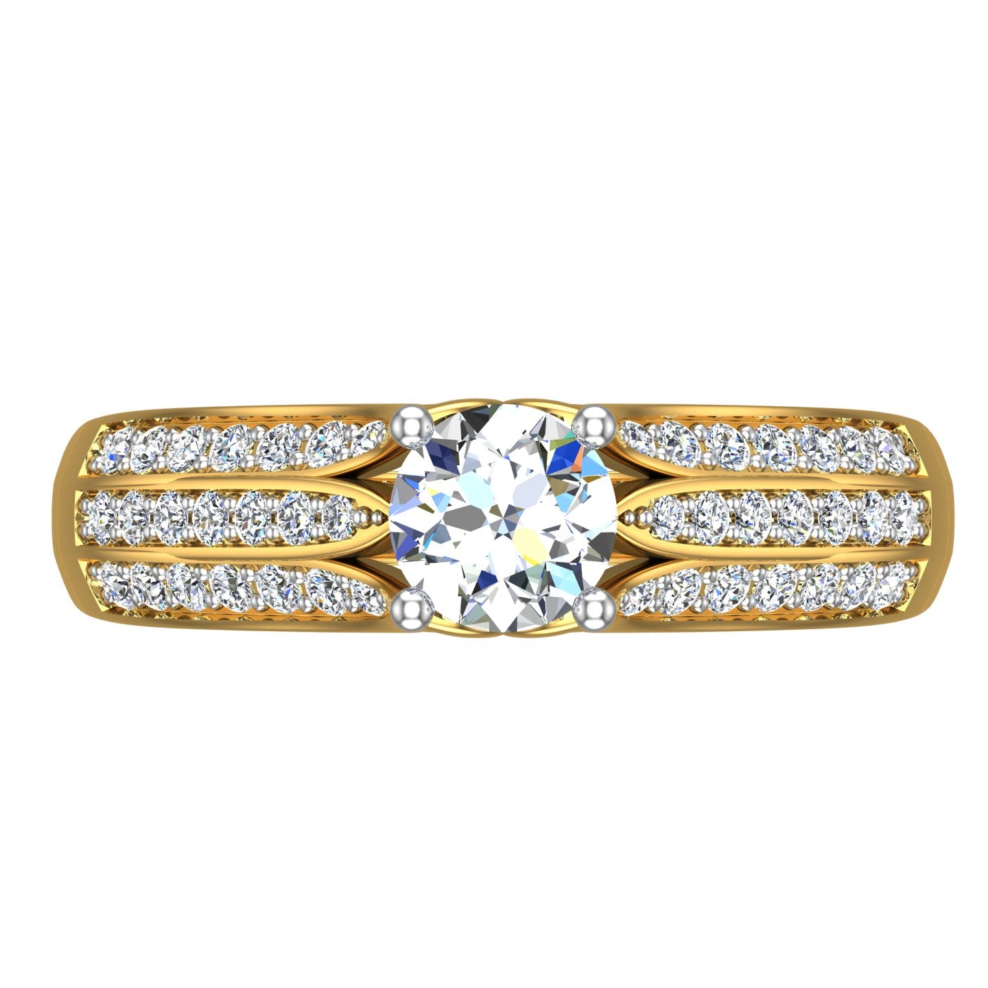Triple-Row Pave Split Shoulder Solitaire Ring