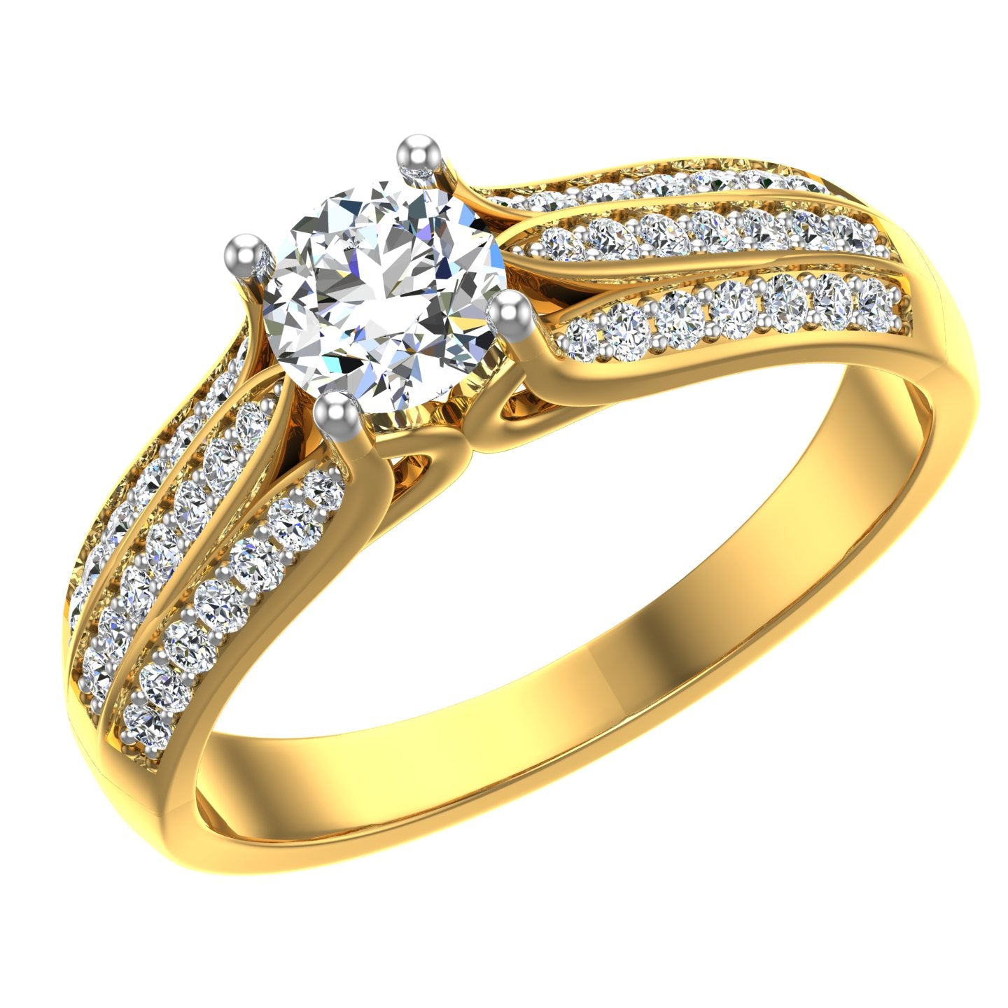 Triple-Row Pave Split Shoulder Solitaire Ring