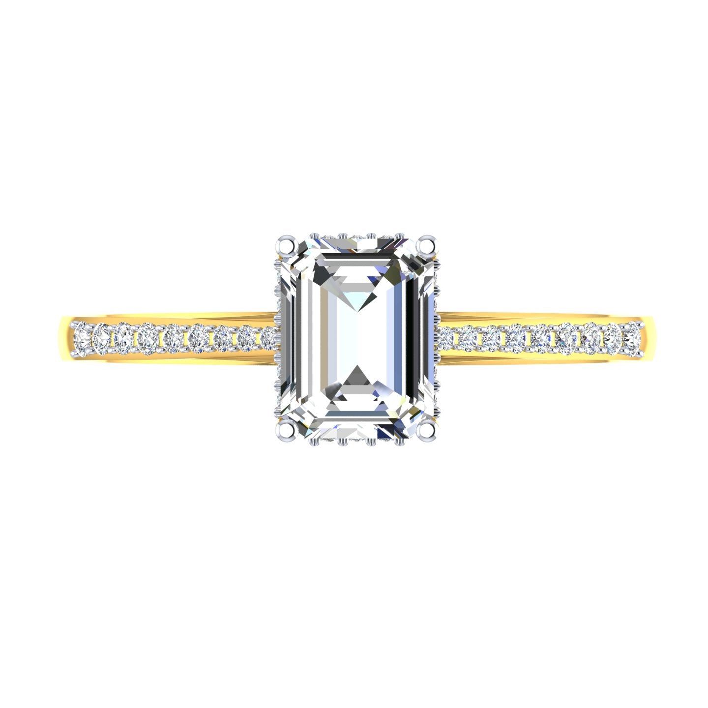 Emerald-Cut Solitaire with Pavé Band Yellow Gold Diamond Ring