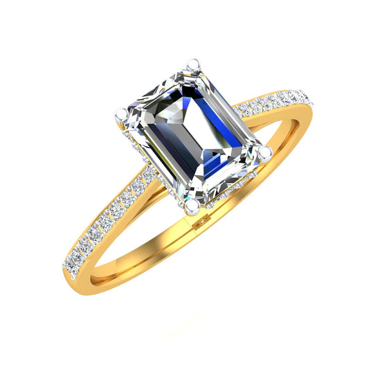 Emerald-Cut Solitaire with Pavé Band Yellow Gold Diamond Ring