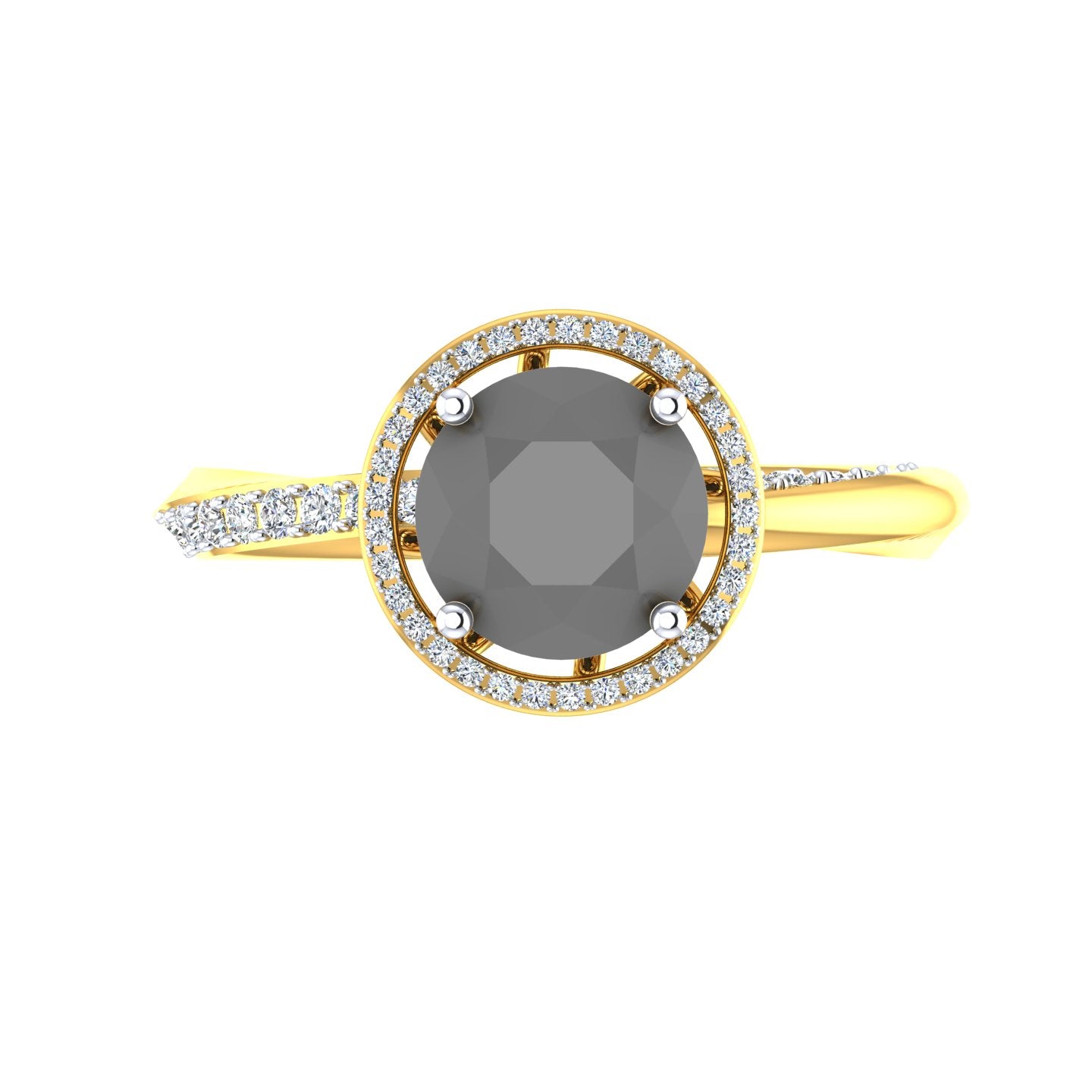 Round Black Diamond Halo Yellow Gold Ring