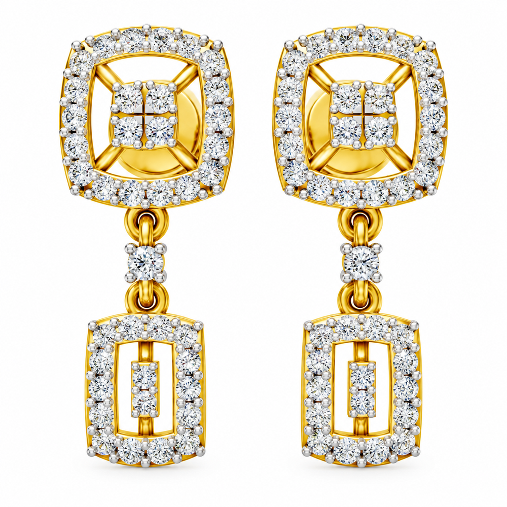 Royal Geometric Halo Diamond Drop Earrings