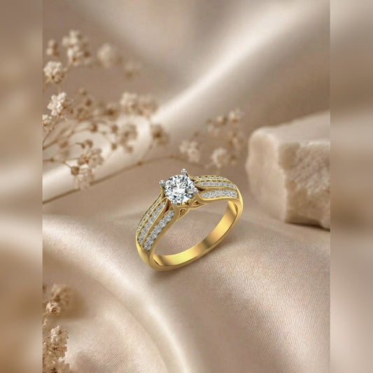 Triple-Row Pave Split Shoulder Solitaire Ring